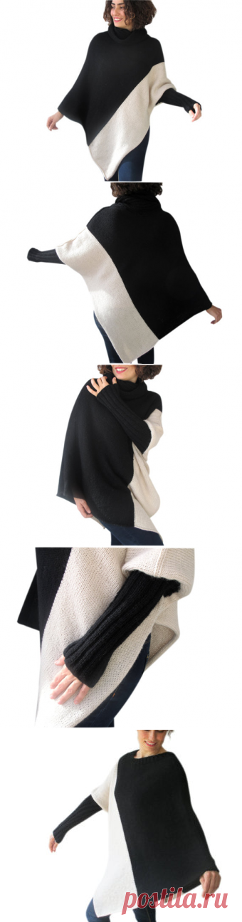 Stylish Two ColorS Hand Knitted Poncho with Accordion Neck