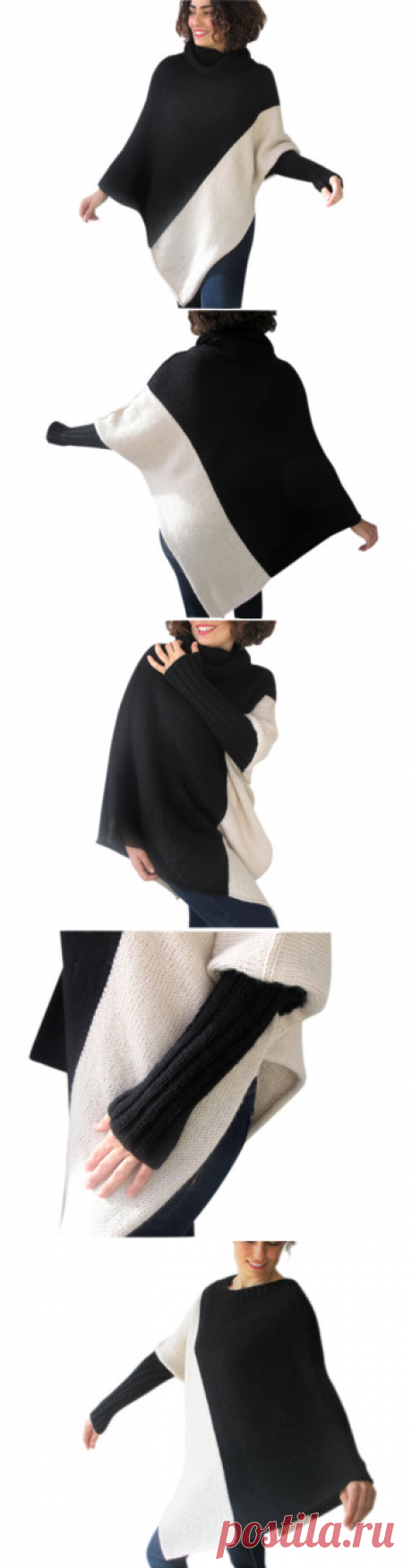 Stylish Two ColorS Hand Knitted Poncho with Accordion Neck