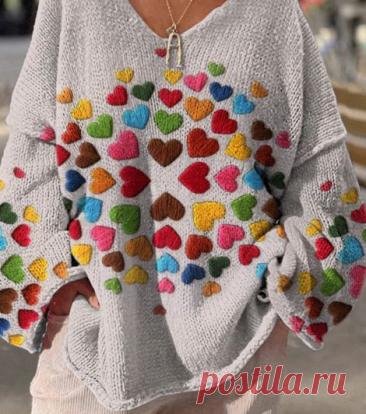 Knitted sweater with hearts | Cute knitted sweaters, Crochet cardigan sweater, Crochet vest