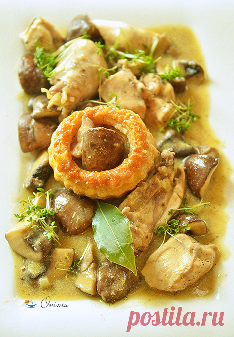 Французкая кухня. Рагу из курицы с шампиньонами Разделываем курицу. Остов, кости заливаем водой, кидаем полголовки лука, морковку и варим бульон.На сковородке с высокими бортами растапливаем кусок сливочного масла, дополняем его парочкой ложек растительного масла...