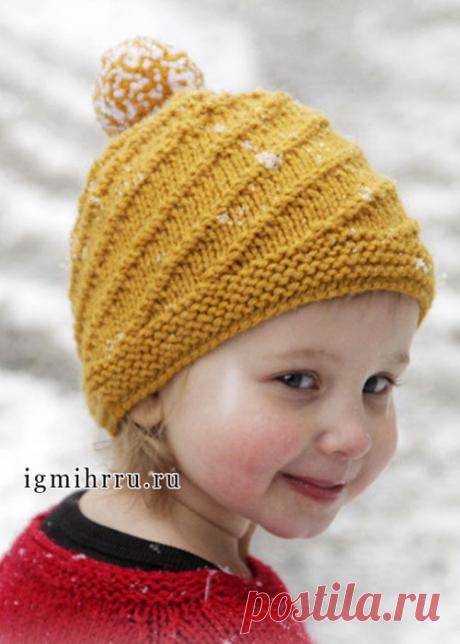 Шерстяная шапочка горчичного цвета с помпоном, для девочки. Спицы