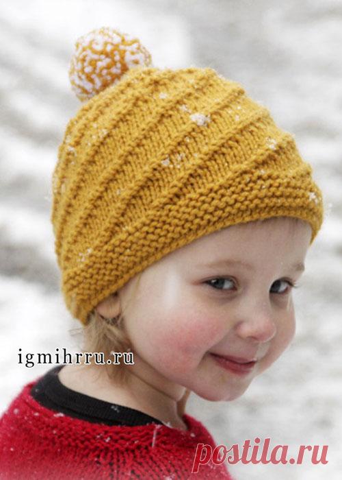 Шерстяная шапочка горчичного цвета с помпоном, для девочки. Спицы