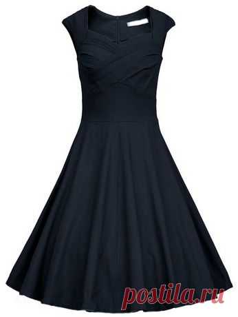 Navy Frocks Heart Shape Collar Raw Sleeveless Flare Dress -SheIn(Sheinside)