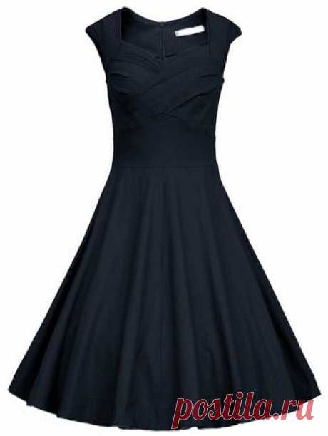 Navy Frocks Heart Shape Collar Raw Sleeveless Flare Dress -SheIn(Sheinside)