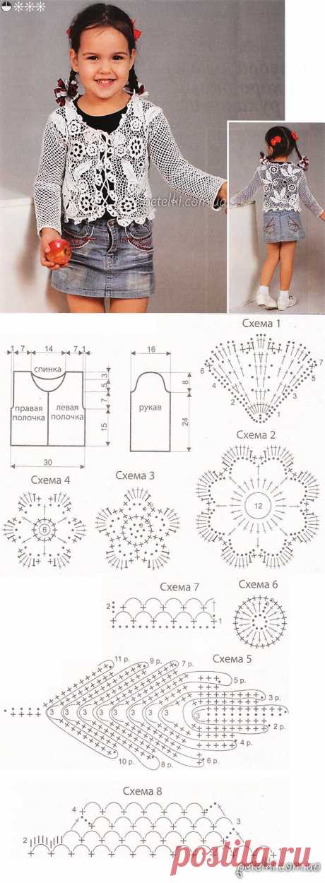 ирландское вязание  Ажурная кофточка для девочки на 3-4 года. Описание, схемы