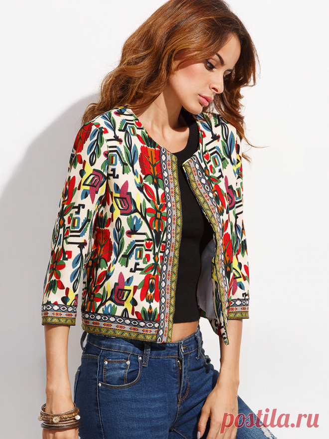 O-NEWE Vintage Women Embroidery Patchwork Printed Short Jacket at Banggood