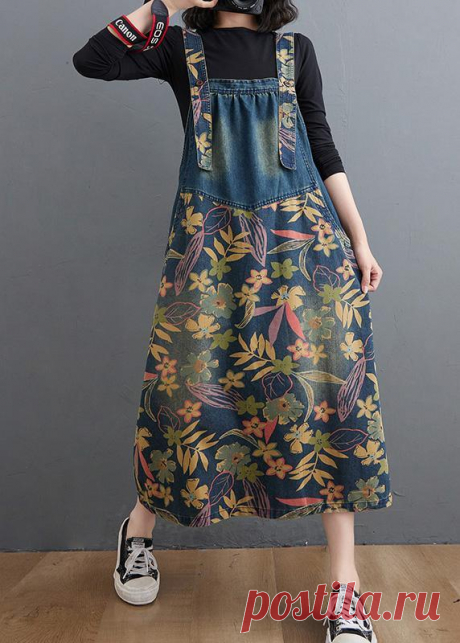 Women Pockets Fine Maxi Coat Denim Blue Print Vestidos De Lino Dress – Omychic