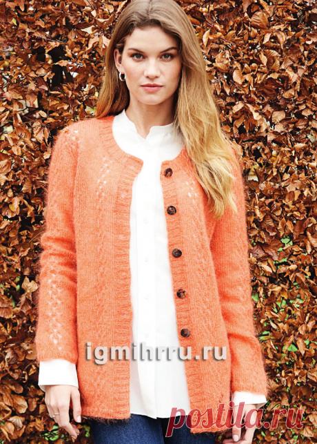 Мохеровый кардиган с вертикальным ажурным узором. Вязание спицами со схемами и описанием