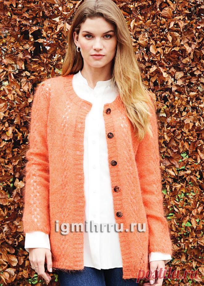 Мохеровый кардиган с вертикальным ажурным узором. Вязание спицами со схемами и описанием