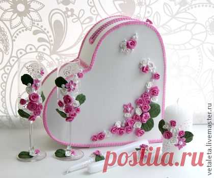 Набор свадебных аксессуаров "Роза" - Свечи,Бокалы,розы,полимерная глина