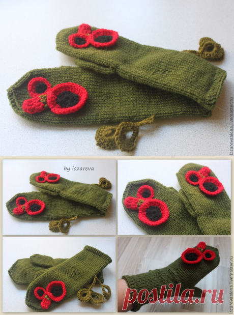 Купить СЕРИЯ, ВАРЕЖКИ &quot; МАКИ&quot; - варежки, маки, зеленые, варежки с цветами, дизайнерские варежки