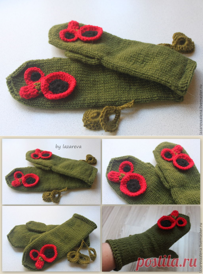 Купить СЕРИЯ, ВАРЕЖКИ " МАКИ" - варежки, маки, зеленые, варежки с цветами, дизайнерские варежки
