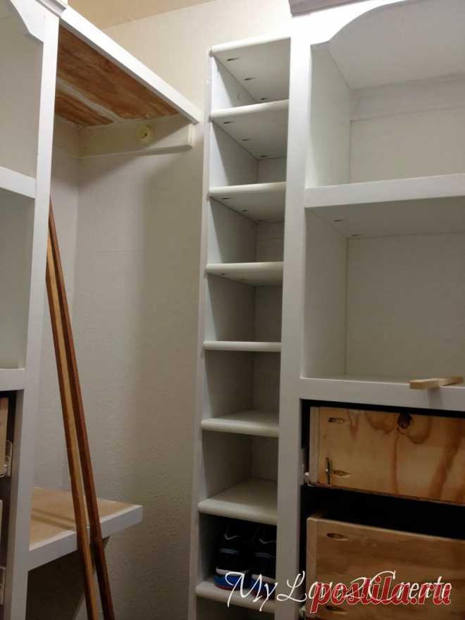 Shoe Shelf, bench and floating shelves, Master Closet Makeover | My Love 2 Create