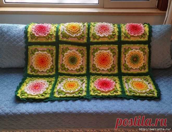 Плед крючком «Пионы» объемными мотивами .