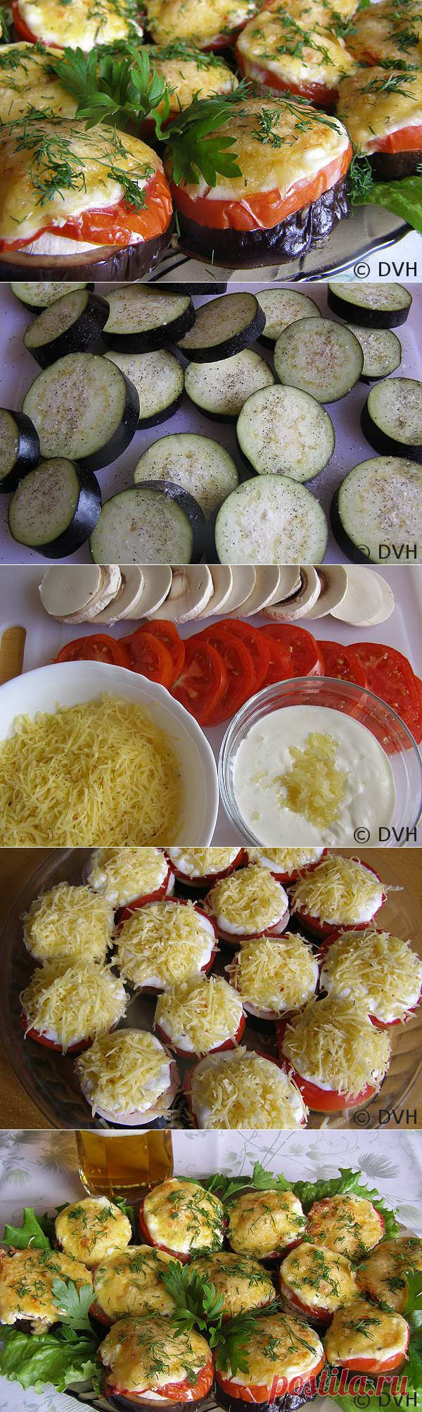 Баклажаны, запеченные с помидорами и грибами.