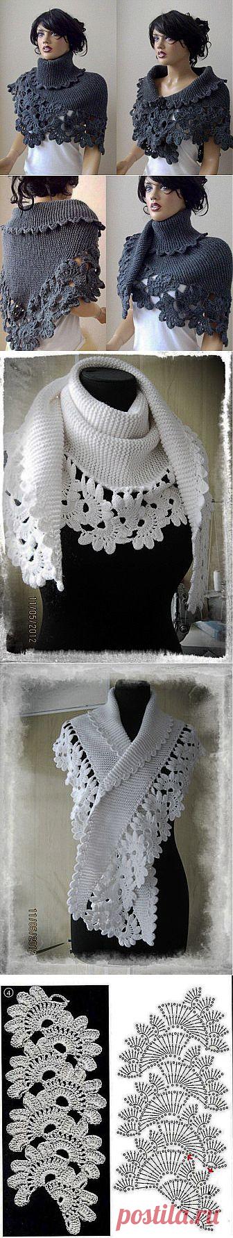 Теплая шаль, бактус (спицы+крючок) с отделкой из ленточного кружева, схема.