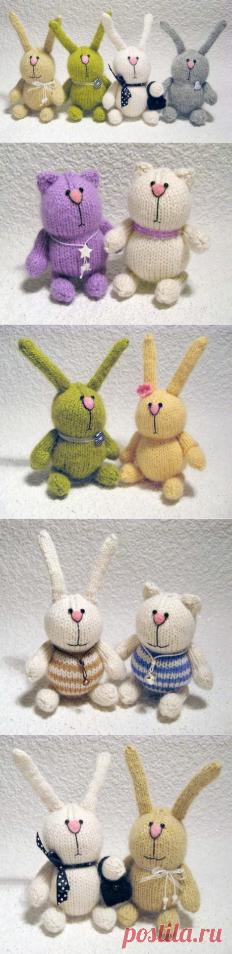 Забавные зайки и котики, вязанные спицами.