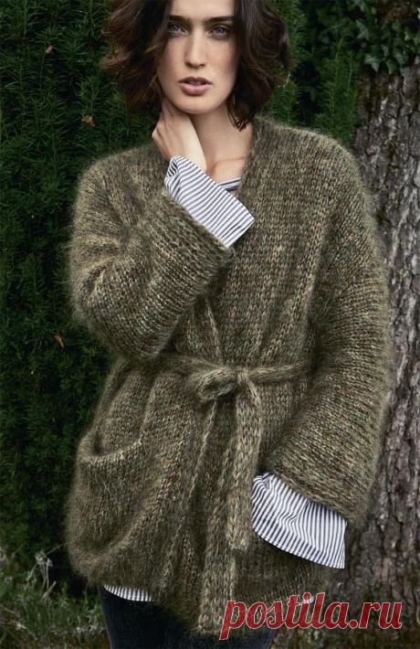 Мохеровый кардиган с поясом — схема вязания спицами с описанием на BurdaStyle.ru