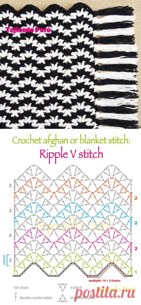 #Crochet: afghan or blanket stitch! Ripple V stitch pattern or chart :) | Needlework - Stitches