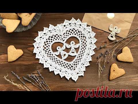 СЕРДЦЕ с ангелами. Красивая мини-салфетка КРЮЧКОМ.