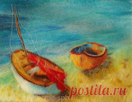 &quot;Две лодки&quot;, картина шерстью, 30х40, 3000 руб. | живопись шерстью