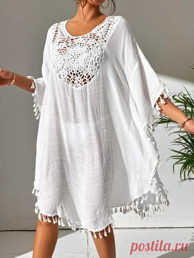 Tassel Trim Crochet Detail Cover Up Dress | SHEIN USA