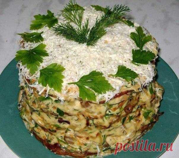 Печёночный торт с грибами и плавленным сыром