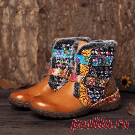 SOCOFY Super Soft Genuine Leather Colorful Stitching Warm Lining Flat Boots - US$77.99
