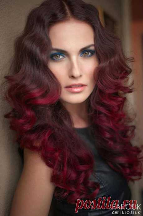 Burgundy dip dyed ombre brown hair..