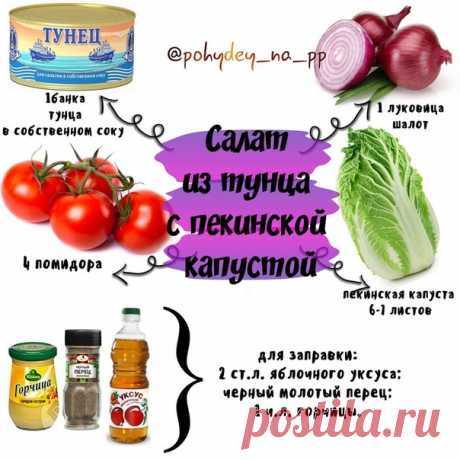 Самый простой салат из тунца 
⠀
На 100 грамм: 8 Ккал БЖУ 0,4/ 0,08/ 1,47
⠀
Ингредиенты:
1 баночка тунца консервированного в собственном соку;
пекинская капуста 6-7 листов;
4 помидора;
1 луковица шалот;
для заправки:
2 ст.л. яблочного уксуса;
черный молотый перец;
1 ч.л. горчицы.
⠀
Приготовление:
Пекинскую капусту помыть и порвать руками на небольшие фрагменты. Жесткие участки листиков порезать ножиком соломкой. Выложить капусту в салатник и слегка помять руками для сочност...