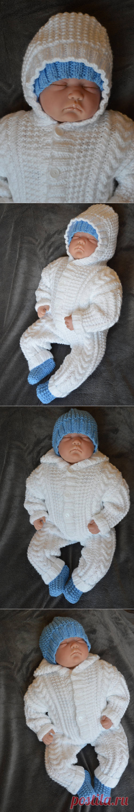 Baby Aran Snowsuit with attached Hood in White with Blue Hat