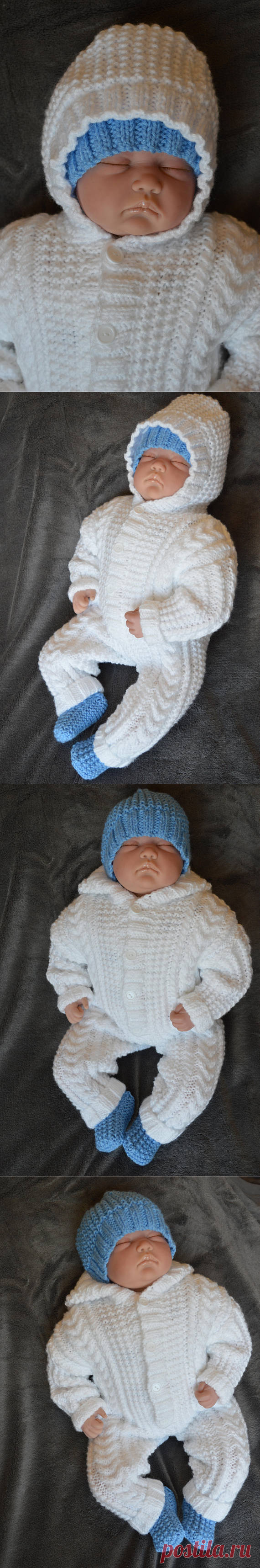 Baby Aran Snowsuit with attached Hood in White with Blue Hat