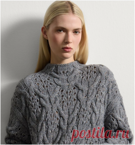 Новинка от Стефанель из коллекции сезона 2025-2026 - джемпер с красивой комбинацией узоров. Схема узора + образец. | Ажурные фантазии | Дзен