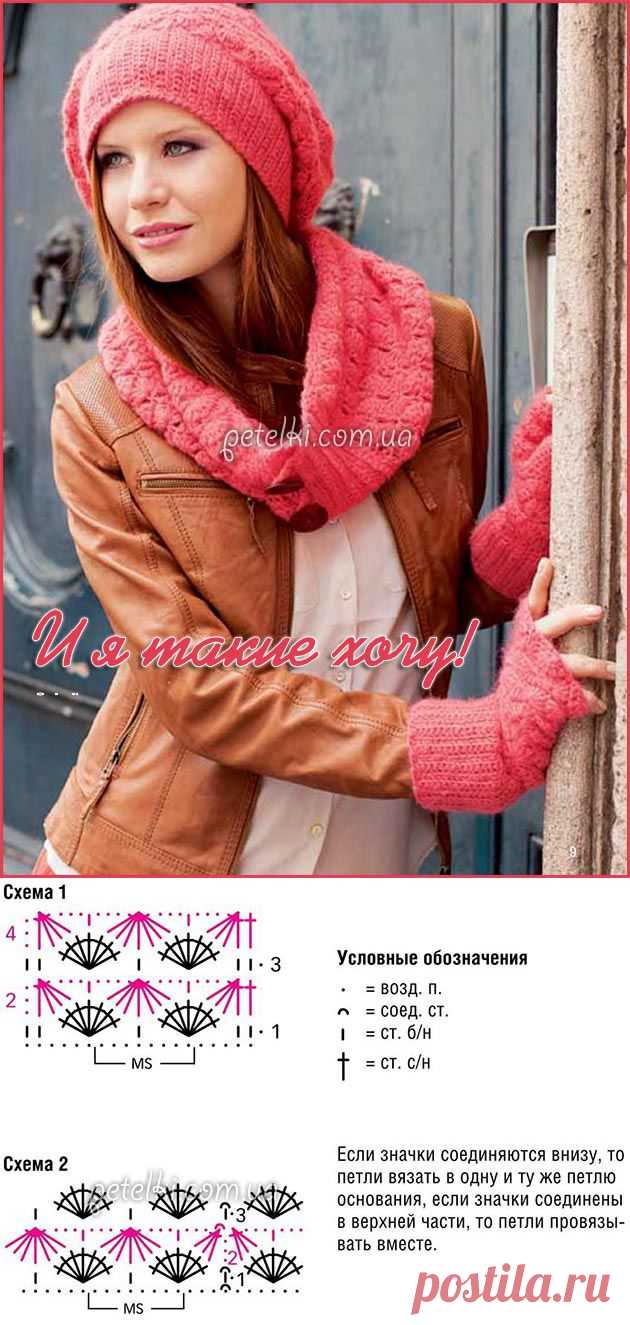 Шапка, снуд и митенки крючком. Описание, схемы