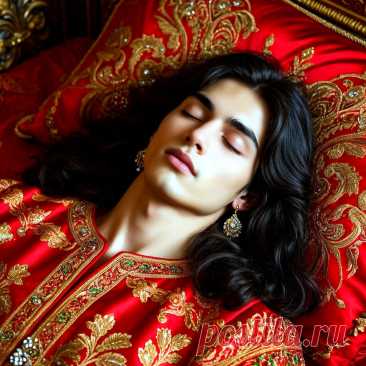 ЗОЛОТЫЕ СНЫ на ЗОЛОТОМ... ПРОМПТ: Очень красивый парень брюнет в красно-золотой парче спит на богатой кровати, вид сверху (нейросеть Шедеврум).