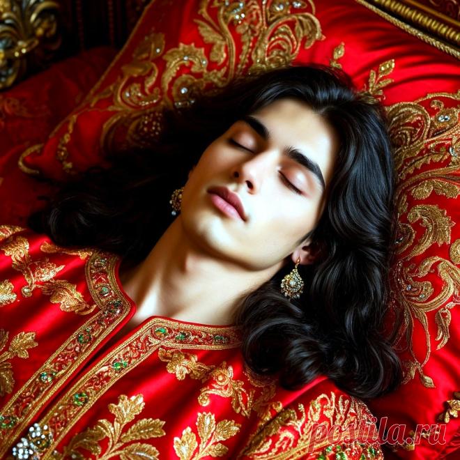 ЗОЛОТЫЕ СНЫ на ЗОЛОТОМ... ПРОМПТ: Очень красивый парень брюнет в красно-золотой парче спит на богатой кровати, вид сверху (нейросеть Шедеврум).