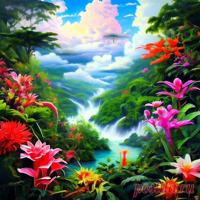 ЯРКИЙ ЭКЗОТИЧЕСКИЙ ТРОПИЧЕСКИЙ ПЕЙЗАЖ (нейросеть Шедеврум).