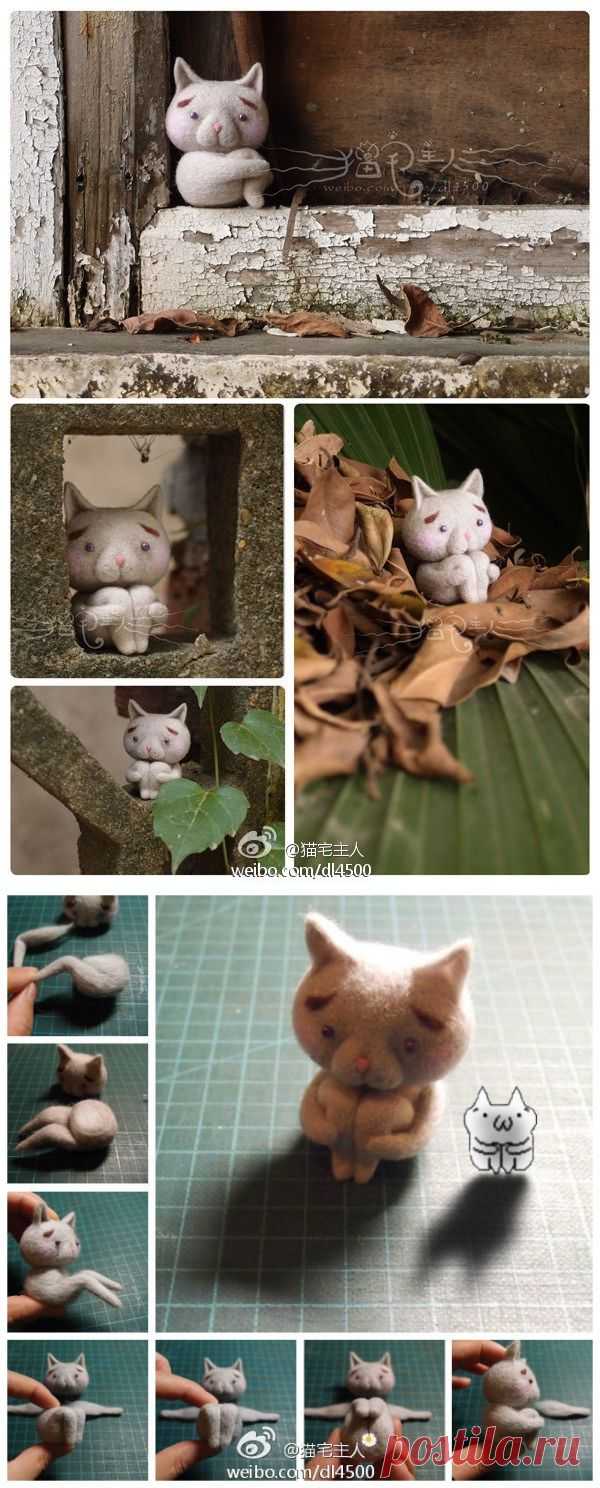 "Печальная кошка". Валяная игрушка. Мастер класс..