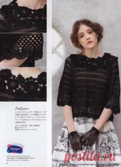 ЧЕРНЫЙ НАРЯДНЫЙ ДЖЕМПЕР С КРУГЛОЙ КОКЕТКОЙ ИРЛАНДСКОГО КРУЖЕВА