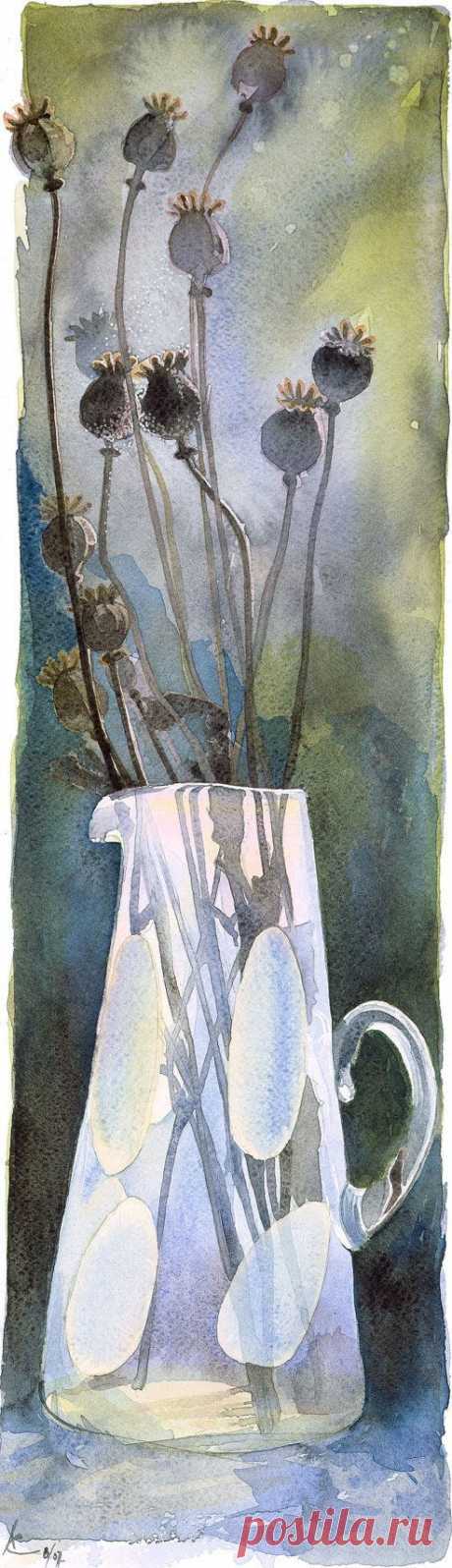 Poppy seed heads in a vase, Watercolour Giclée print