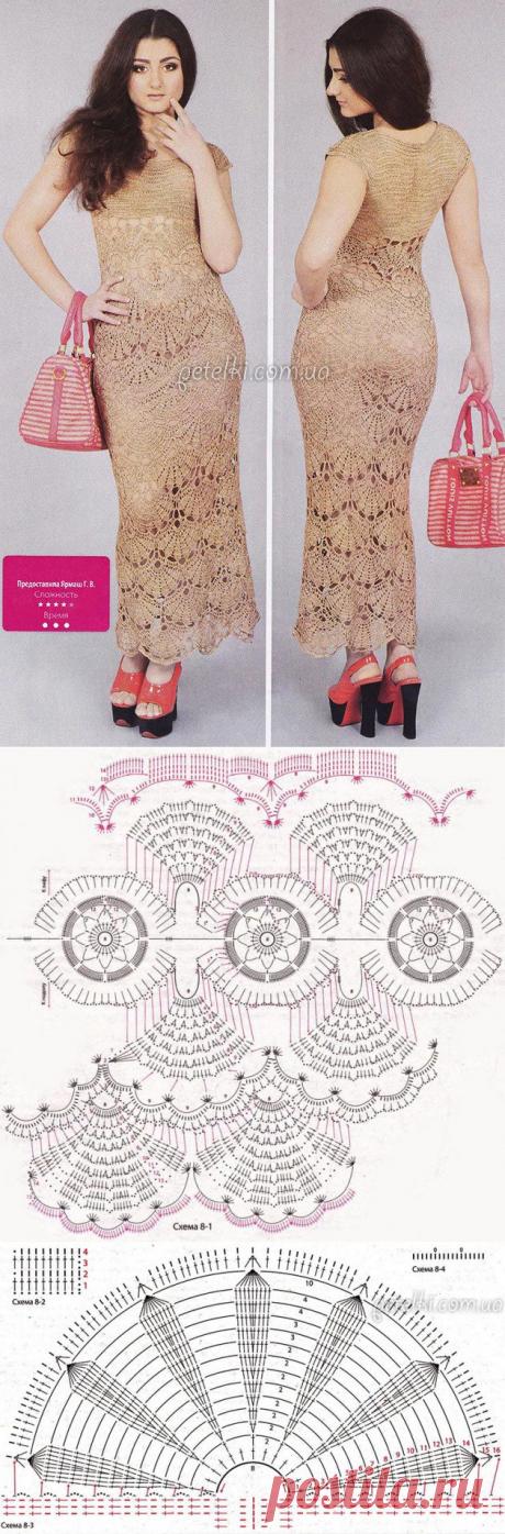 Нарядное платье крючком крупными веерами. Описание вязания, схемы