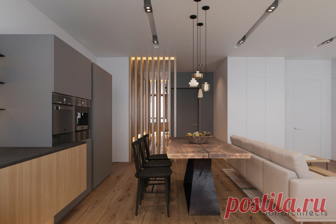 Было предложено создать лаконичный дизайн интерьера —  LOOKING AT DNIPRO, для  апартаментов, с прекрасным видом на реку Днепр.
Благодаря панорамным окнам – комнаты наполнены светом и теплом.
Прихожую ми предложили отделить перегородкой из деревянных реек. Данное решение позволило использовать как функционального элемента и декорации.
Еще одна особенность интерьера — кухня, которая «оторвана» от пола. Это решение позволило добавить легкости и воздушности дизайну.