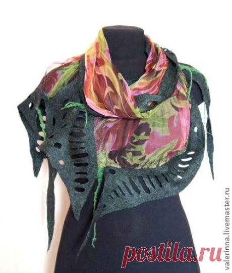 Нуно Войлочный палантин &quot;Монстера&quot; - цветочный,Миронова Инна,нуно-войлок