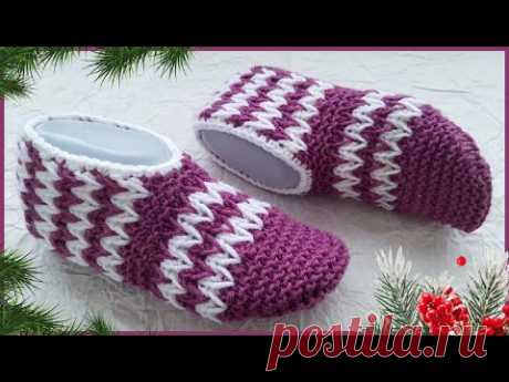 Простые красивые ТАПОЧКИ - СЛЕДКИ на 2-х спицах. Подробный мастер класс