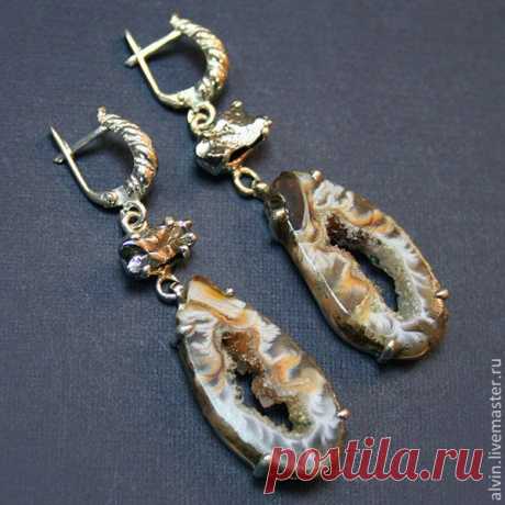 Серьги &quot;Агатовое Барокко&quot; - коричневый,серьги с агатом,серьги с пиритом