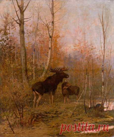 Художник Евгений Александрович Тихменев (1869-1934).
«Лоси в лесу», 1909 г.