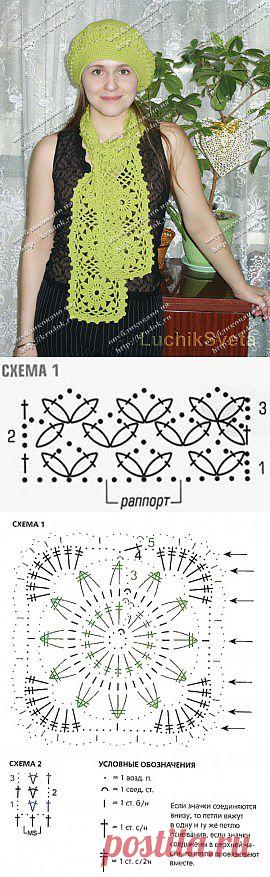 Зелёный комплект: берет и шарфик - вязание крючком на kru4ok.ru