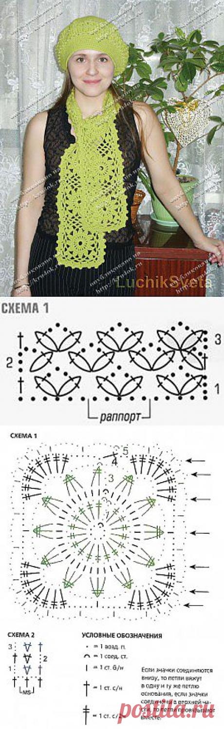 Зелёный комплект: берет и шарфик - вязание крючком на kru4ok.ru