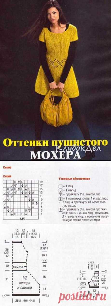 Жёлтое мохеровое платье спицами для женщин