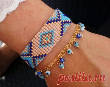 Turquoise Bead Loom Bracelet Boho Bracelet Evil Eye Bracelet by minifabo